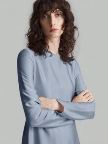 Ontre 女式 2025 新款天蓝色简约设计长袖收腰缎面连衣裙，优雅派对礼服 - 藍色 - 查看 6