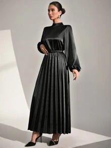 SHEIN Cottnline Women Plain Collarless Long Sleeve Simple Long Dress - Black - View 5