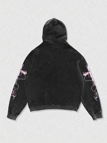 ROMWE MEN Street Life Men's Printed Washed Loose Cropped Hoodie - Black - View 2