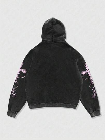 Street Life Sudadera con capucha lavada holgada y estampada para hombre