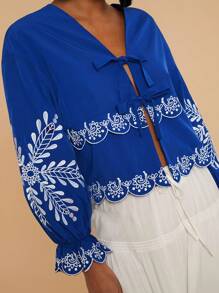 Travachic Vacation Blue Embroidered Long Sleeve Shirt,Tie Up Long Sleeve Shirt - Blue - View 1