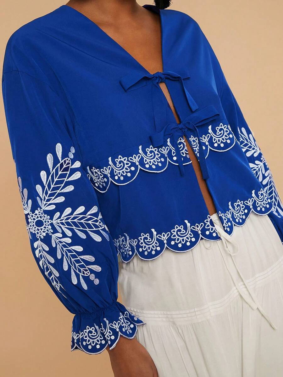 Travachic Vacation Blue Embroidered Long Sleeve Shirt,Tie Up Long Sleeve Shirt - Blue - View 1