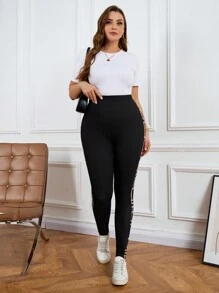 SHEIN LUNE Plus Size Women High Waist Geometric Print Casual Versatile Leggings Thanksgiving Women Christmas Clothes Women New Years Women Vacations Jogging Suits For Women Spring Summer Clothes Casual For Daily Wear Women Stretchy Knitted High Waist Skinny Leggings, Casual, Outdoor Sports, Yoga, Stretchable Lift Up Leggings, Suitable For Sports And Yoga