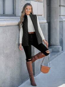 SHEIN LUNE Zip Up Sleeveless Quilted Coat - Black - View 3