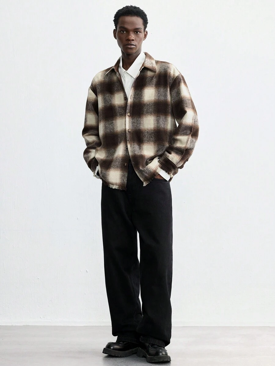 Maija 男士 2025 年春夏新款棕色格子保暖内衬厚前扣开口夹克，休闲日常穿着，适合新年、节日派对、情人节 - 咖啡棕 - 查看 1