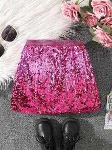 SHEIN Falda midi elegante con degradado de lentejuelas para niña, apta para ocasiones de fiesta - Rosa - Ver 2