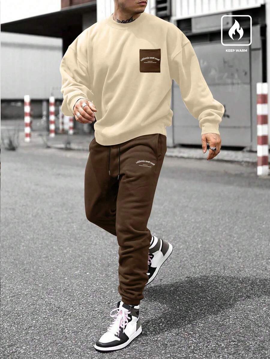 Manfinity Homme Men Letter Graphic Sweatshirt & Drawstring Waist Sweatpants - Multicolor - View 1