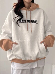 DAZY Women's Color Block Letter Print Hooded Sweatshirt,Fall Clothes - Grey - View 4