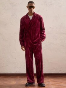 AKNOTIC Business Casual Men Shawl Collar Velvet Blazer & Pants - Burgundy - View 3