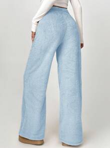 SHEIN Tall Pantalones anchos con cintura de cordón tipo teddy - Azul - Ver 2