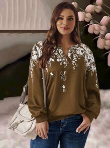 EMERY ROSE Plus Size Front Zip Up Long Sleeve Printed Casual Sweatshirt, Autumn/Winter