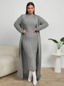 EURMUSE 大码女式纯色落肩长袖长开衫和立领无袖毛衣连衣裙套装，秋冬 - 灰色 - 查看 5