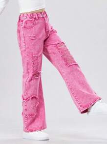 SHEIN Jeans déchirés à poches inclinées et jambes larges, mode extérieure pour préadolescentes