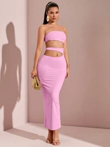 SHEIN BAE Đầm ôm body ngắn hở lưng khoét sâu gợi cảm màu trơn, Đầm quyến rũ cho quý cô vào mùa xuân/hè, tiệc độc thân, đêm hẹn hò, tụ tập bạn bè - Màu Hồng baby - Xem 3