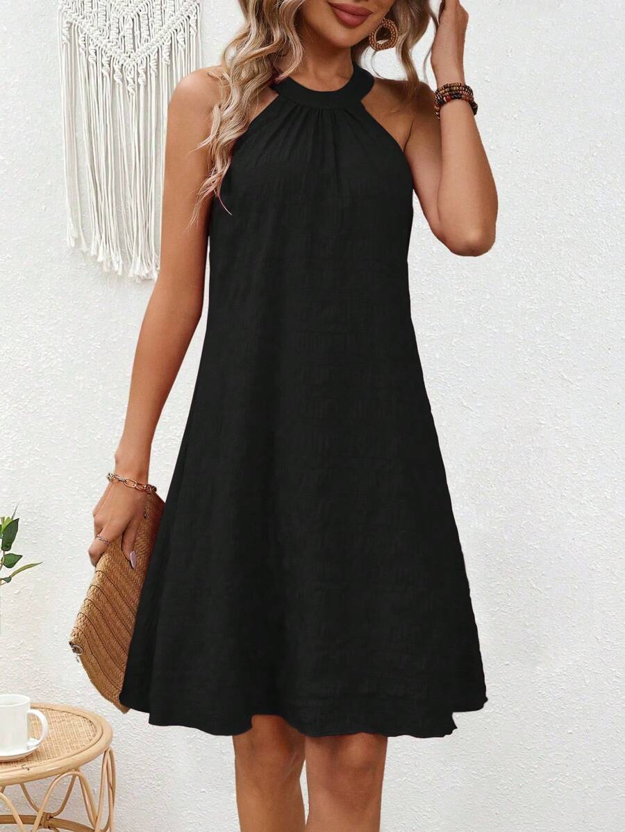 EMERY ROSE Sleeveless Solid Color Casual Halter Dress, Fashionable For Everyday Wear - Black - View 1