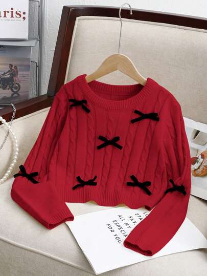 SHEIN Tween Girls' Solid Color Round Neck Long Sleeve Bow Embellished Knit Sweater, Casual For Autumn/Winter