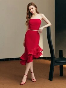 MOTF PREMIUM RUFFLE HEM TUBE COCKTAIL DRESS - Red - View 2