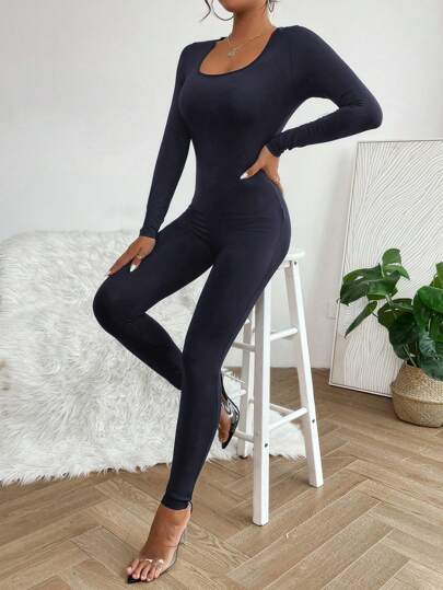 SHEIN PETITE Solid Scoop Neck Unitard Spring Women Jumpsuit
