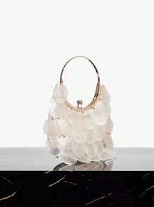 SHEIN SXY 女士手提包，时尚、优雅、简约、个性、百搭，贝壳配饰，金属手柄，适合海滩、度假、节日、夏季 - 米色 - 查看 3