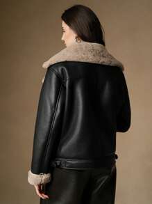 Anewsta Veste femme en PU noir et col  de lapin