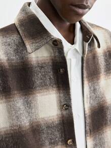 Maija 男士 2025 年春夏新款棕色格子保暖内衬厚前扣开口夹克，休闲日常穿着，适合新年、节日派对、情人节 - 咖啡棕 - 查看 4