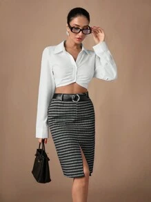 RueChic Women Check Pattern High Waist Skirt - Brown - View 3