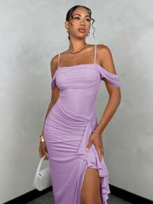 SHEIN BAE Đầm midi dây mảnh xẻ tà cổ xếp nếp màu vàng gợi cảm ngọt ngào màu trơn mùa hè cho nữ - Màu tím hoa cà - Xem 5