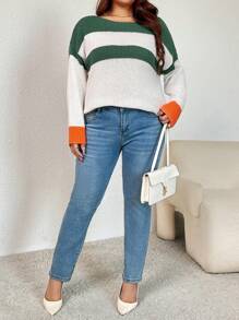 SHEIN LUNE Suéter holgado de punto casual con cuello redondo y rayas de color contrastante para mujer de talla grande, suéter de punto de otoño/invierno - Multicolor - Ver 3