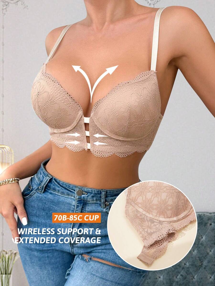 1pc Women's Lace Front Hook Closure Wire Lingerie Bra - Apricot - View 1