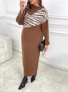 Mulvari Plus Size Women Zebra Stripe Dropped Shoulder Long Sleeve Loose Long Sweater Dress, Casual For Autumn/Winter