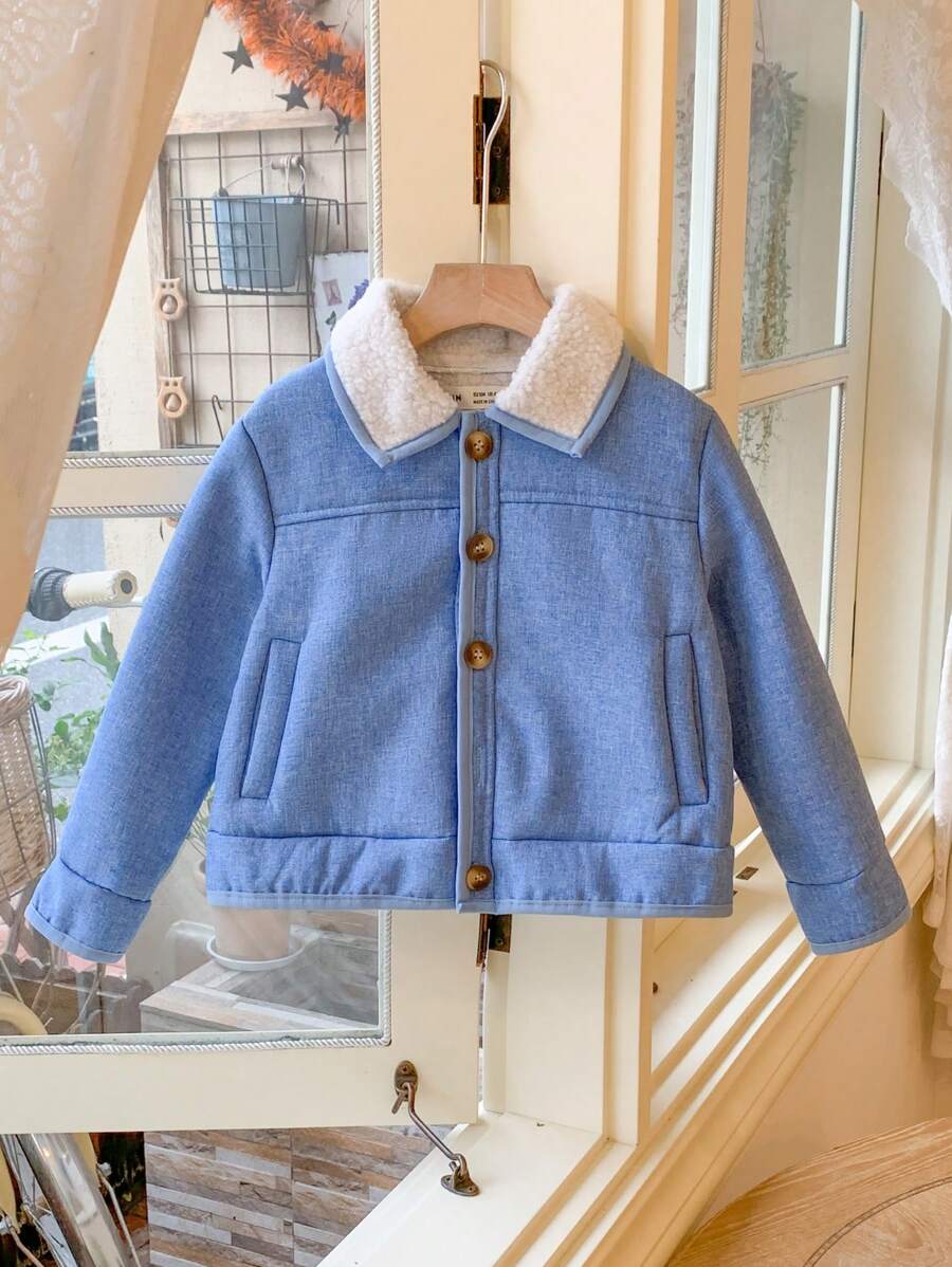 Blossori 年轻男孩优雅法式蓝色图案宽松翻领夹克，秋冬 - 藍色 - 查看 1