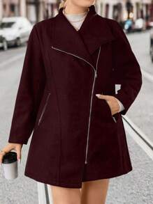 SHEIN LUNE Plus Size Women Solid Color Long Sleeve Zip-Up Casual Coat, Autumn/Winter