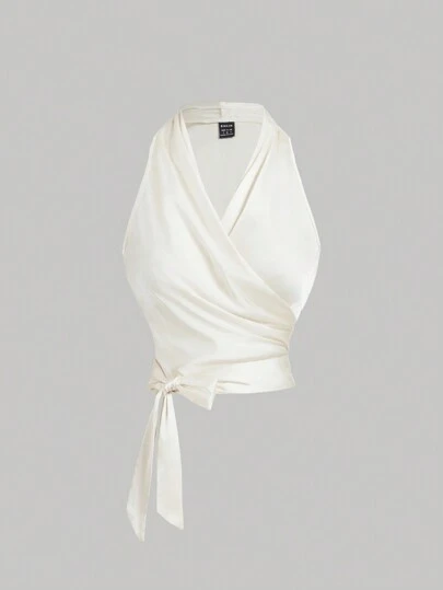 SHEIN MOD Women Vintage White Sleeveless Knot Back Crisscross Tank Top