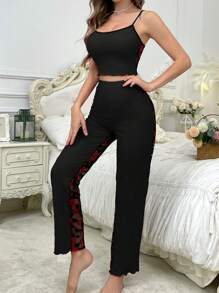 SHEIN 2pcs Contrast Color Lace See-Through Backless Sexy Camisole And Long Pants Sleepwear Set - Multicolor - View 6