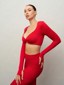 Activina Christmas Women Plain Minimalist Seamless Long Sleeve Sports T-Shirt For Daily Wear & Fitness & Ballet - Red - View 2