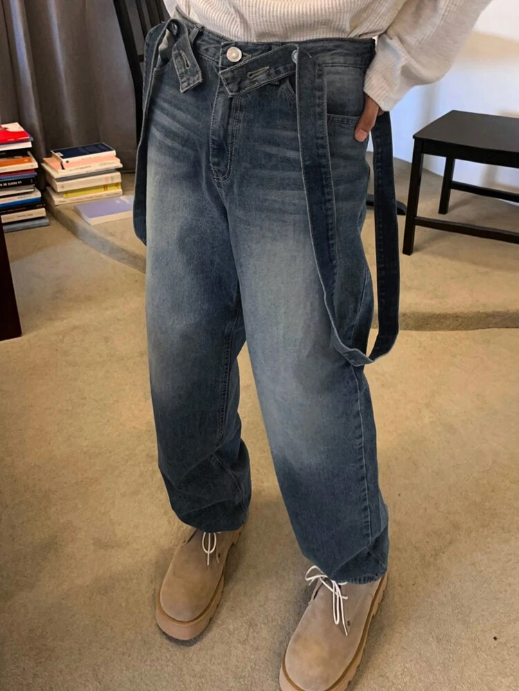 Men's Plain Pocket Suspender Casual Versatile Denim Jeans, Autumn