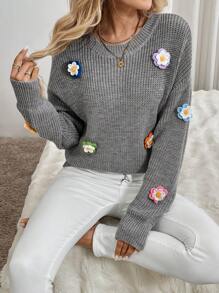 Calvaya 3D Flower Decor Women's Pullover Sweater, Simple Fashionable Casual Everyday Wear