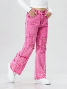 SHEIN Jeans déchirés à poches inclinées et jambes larges, mode extérieure pour préadolescentes