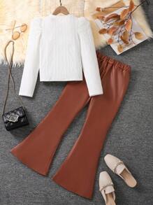 SHEIN 2 件套女孩高领提花毛衣上衣和时尚舒适喇叭皮裤，青少年 - 白色 - 查看 2