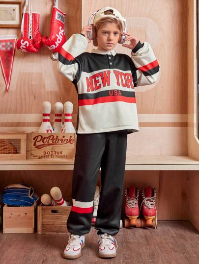 SHEIN 2pcs/Set Tween Boys American Style Casual Patchwork Letter Print Outfit, Including Long Sleeve Polo Shirt And Sweatpants