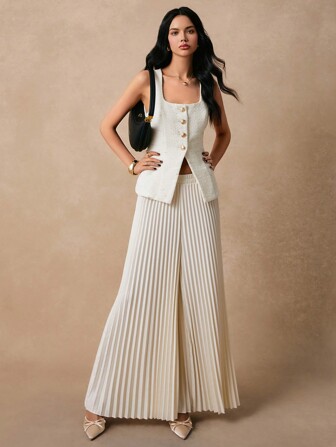 Poéselle 女款杏色优雅通勤前金属扣背心和阔腿褶皱裤两件套，商务休闲女装，优雅西装，粗花呢西装，褶皱裤套装，适合职场外出装扮