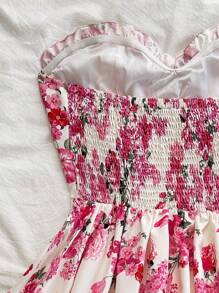 Soleia Vacation Romantic Pink Rose Print Strapless Ruffle Hem Dress - Pink - View 4