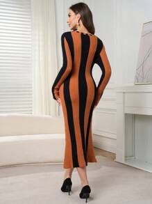 Modelyn Women Striped Crew Neck Long Sleeve Fitted Elegant Sweater Dress, Autumn/Winter - Multicolor - View 4