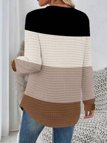 SHEIN LUNE Contrast Striped Crew Neck Casual White Sweatshirt With Hemline Slit Design, Autumn/Winter - Multicolor - View 2