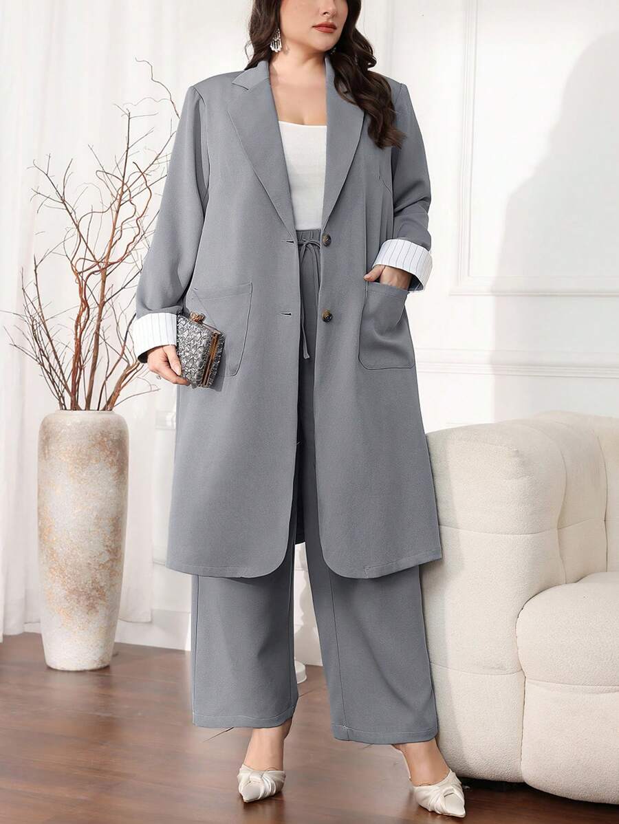 Modelyn Plus Size Casual 2pcs Set: Long Jacket And Long Pants, Suitable For Commuting In Autumn 2 Pieces Set - Multicolor - View 1