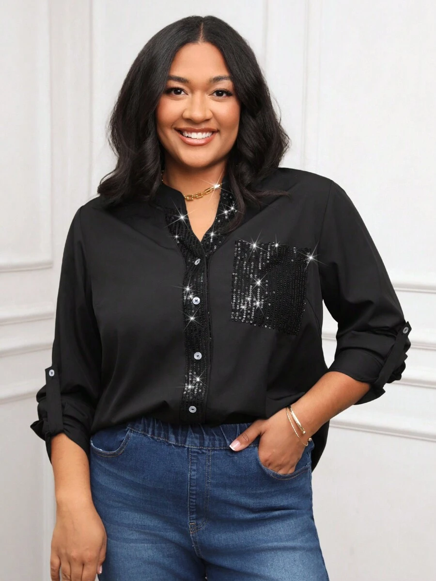 SHEIN LUNE Camisa de manga larga con contraste de lentejuelas, ideal para fiesta, nuevo atuendo de Año Nuevo para mujer de talla grande