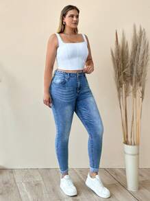 SHEIN Cottnline WOMEN PLUS SIZE SKINNY HIGH WAIST JEANS - Light Wash - View 7