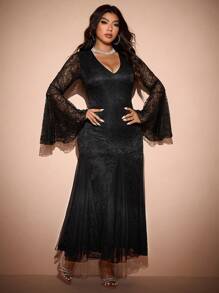 Allurite 大码女式蕾丝派对连衣裙，深 V 领修身超长针织连衣裙 - 黑色 - 查看 5