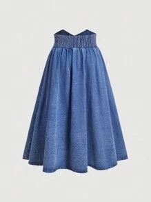 SHEIN MOD 大码蓝色牛仔中长裙珍珠纽扣优雅情人节约会 - 中等水洗藍 - 查看 2