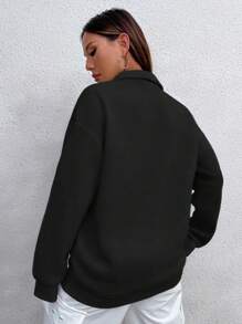 Flirla Áo nỉ dài tay cổ đứng, rộng rãi, thời trang thu đông, xuân/thu, túi thường ngày cho nữ, áo hoodie dài tay cổ đứng, màu đen thông thường, có khóa kéo, vai trễ, có khóa kéo, áo dài tay - màu đen - Xem 2